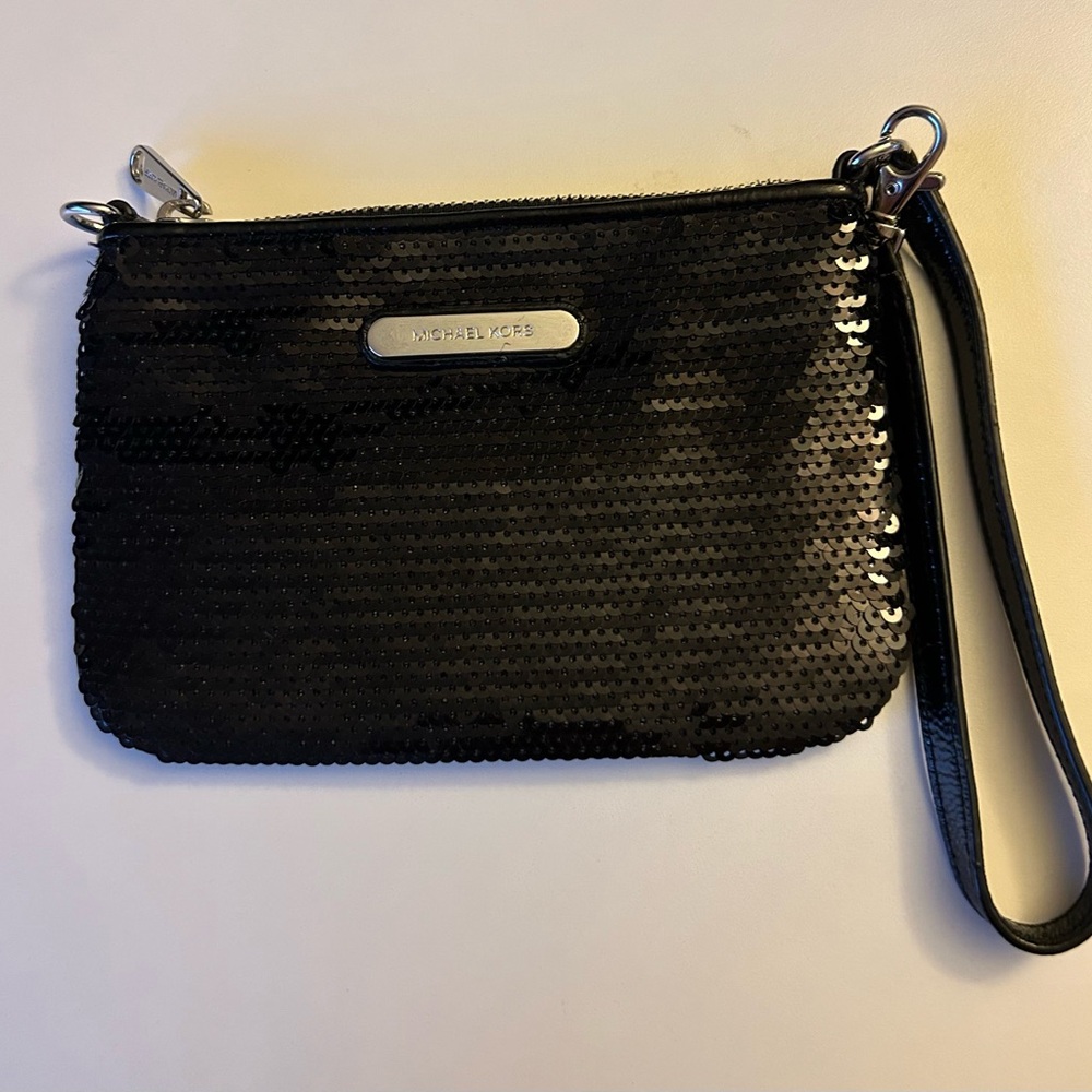 Michael Kors Black Sequin Wristlet Purse Clutch Wallet with Card Slots & Strap